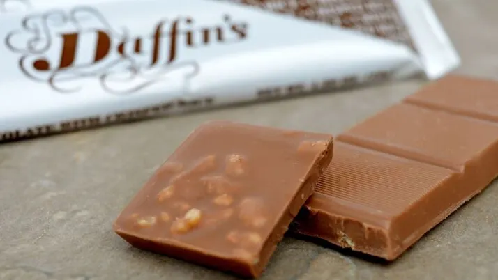 Close up of a Daffins Wafer chocolate bar pieces