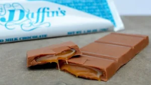 Close up of Daffin's milk caramel chocolate bar pieces