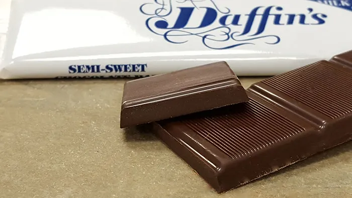 Close up of Daffin's milk dark chocolate bar pieces