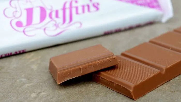 Close up of Daffin's milk chocolate bar pieces