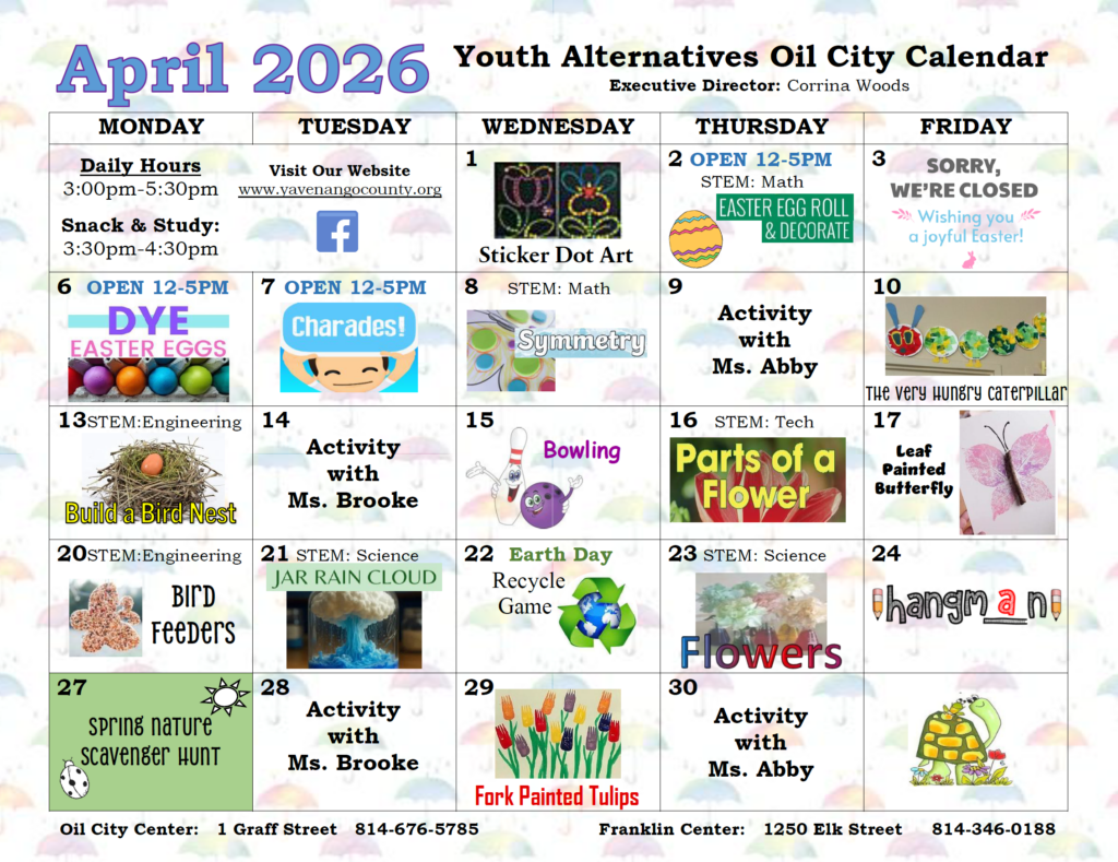 Oil City YA April 2026 Calendar